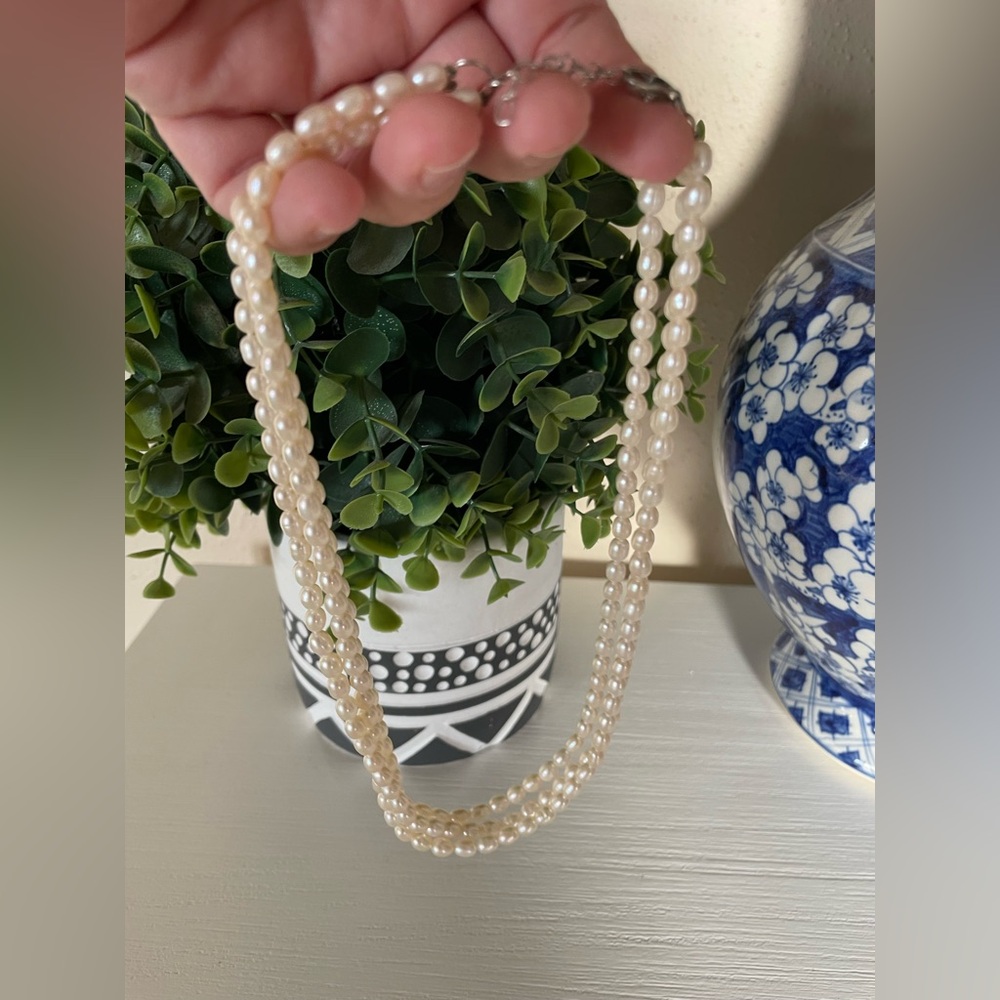 Triple strand oval shaped Freshwater Pearl Sterling silver clasp necklace